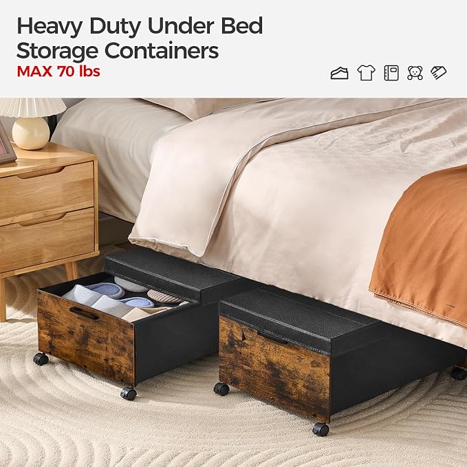 FOUCSSOMEI Under Bed Storage with Wheels,Under Bed Drawers Heavy Duty, 2 Packs, Wooden Under Bed Storage Containers Organizer, Metal Frame, Patented Design