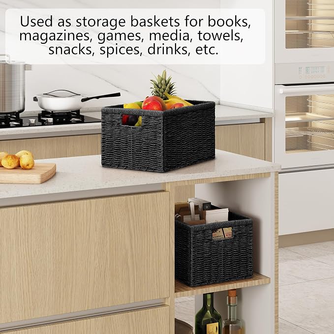 Vagusicc 2 Packs Large Wicker Storage Basket, Closet Storage Baskets Bins for Shelves, Decorative Collapsible Baskets for Organizing Clothes Toy Nursery Bathroom Organizers and Storage, Black