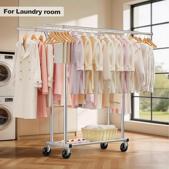 Heavy Duty Rolling Garment Rack, Double Rod Clothing Organizer, Silver | Supports up to 500 lbs, extendable double hanging rod, lockable wheels, storage shelves for bedroom, laundry, and living room
