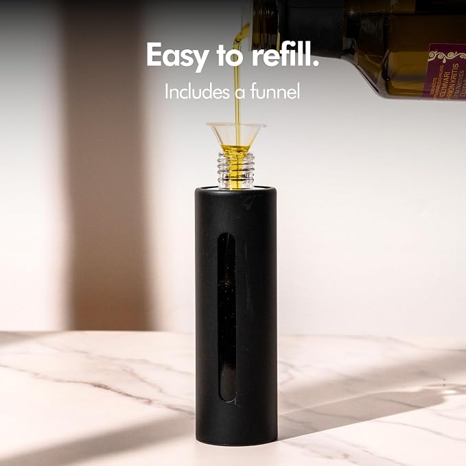 KIVY Glass Oil Sprayer for Cooking– Precise Oil & Vinegar Spray Bottle Oil Mister Spray Bottle for Food – Includes Funnel – Perfect for Cooking & Air Fryer (Black)
