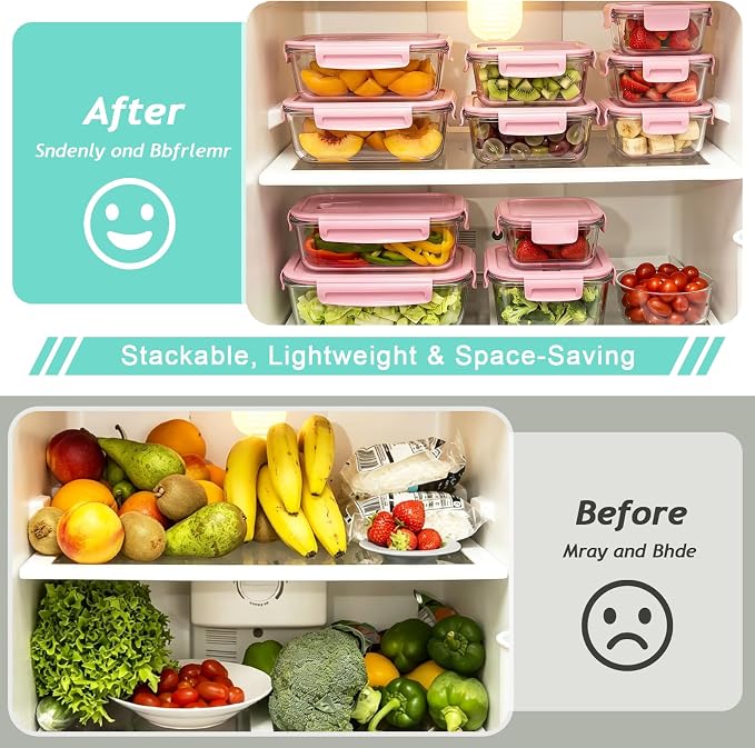 8 Pack Glass Meal Prep Containers with Lids, Glass Food Storage Containers with Snap Locking Lids, Airtight Lunch Containers for Microwave, Oven, Freezer and Dishwasher BPA Free (Pink)