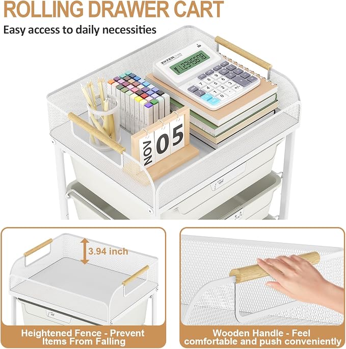 SYKIARIOL 4-Drawer Rolling Storage Cart with Mesh Top, Utility Craft Organizer Cart on Wheels with DIY Labels, Rolling Drawer Cart for Home Office Classroom Bedroom, White