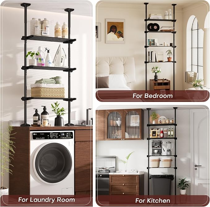 Goovilla Over The Toilet Storage Shelf, 4 Tier Bathroom Organizer Shelves with 64-124inch(H) 15-27inch(W) Adjustable No Drilling Tension Mounting, Black Space Saver Bathroom Shelf Rack Above Toilet
