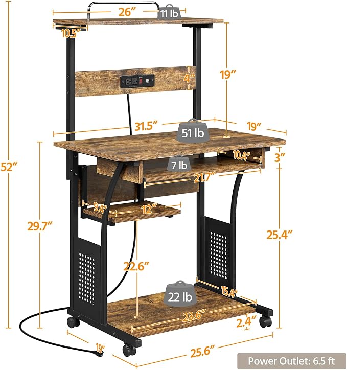 Topeakmart 3 Tiers Rolling Computer Desk with Power Outlet and USB Ports for Space Saving, Home Office Desk with Keyboard Tray and Printer Shelf on Wheels, Laptop PC Workstation Table, Rustic Brown