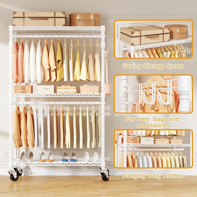 ULIFHOME P1 Rolling Clothes Rack Heavy Duty, Metal Closet Clothing Rack with Lockable Wheels, Portable Wardrobe Closet for Hanging Clothes, 35.5" W x 15.7" D x 80.5" H, Hold 500lbs, White