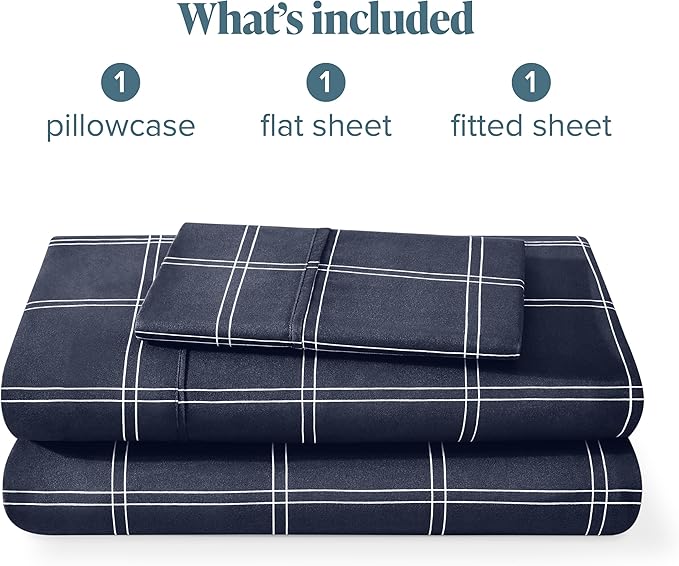 Bare Home Twin XL Sheet Set - Luxury 1800 Ultra- Soft Double Brushed Microfiber - Deep Pockets - Easy Fit - 3 Piece Bedding Sheet Set Bedding Sheets(Twin XL, Modern Plaid - Midnight/White)