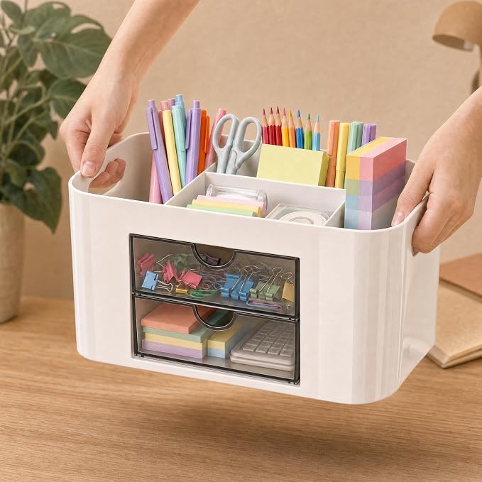 White Desk Organizer with Drawers, 4 Slots, Side Handles, Pen Holder | Desktop caddy for office supplies, makeup brushes, art & vanity | 5 compartments, 2 pull-out drawers, built-in side handles