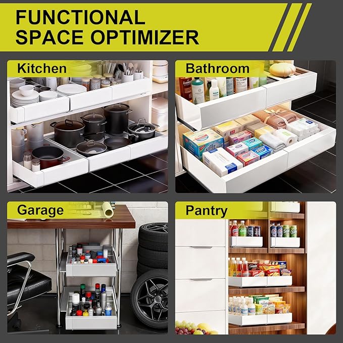 1-Pack Expandable Pull Out Cabinet Organizer 21" Deep with 3 Slide Rails, Adjustable Width (12"-22") Drawer Organizer for Kitchen Pantry Base Cabinets, Fixed with Roll Out Shelves Adhesive, White