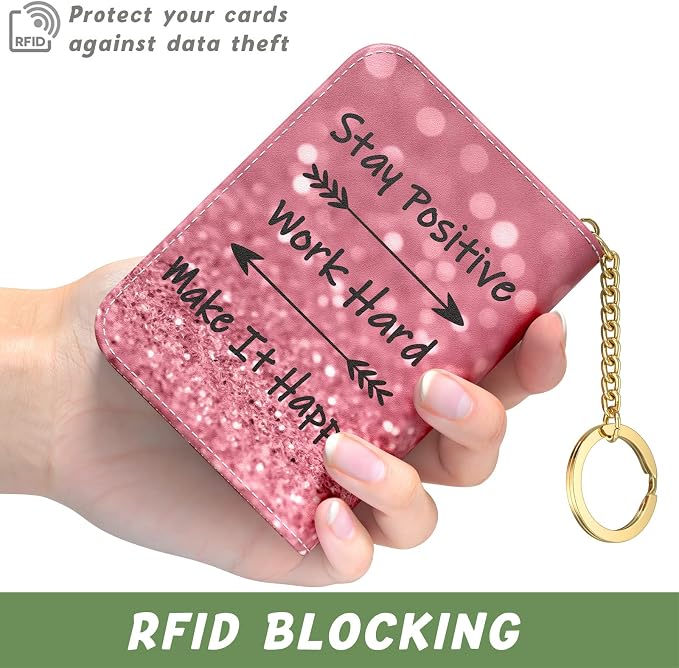 Aiawoxc Credit Card Holder for Women, Small RFID Wallet Slim Leather Card Organizer Case with Zipper and Keychain, Work Hard