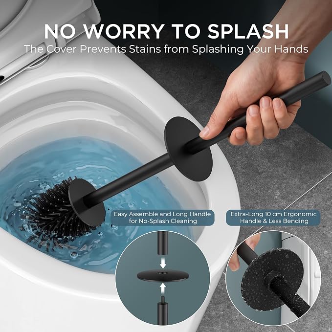 FORIOUS Toilet Brush and Holder Set, Heavy Duty 304 Stainless Steel Base Square and Long Handle for Bathroom Deep Cleaning, Drip-Proof, Space Saving for Storage, 2 Toilet Bowl Brush Head, Black