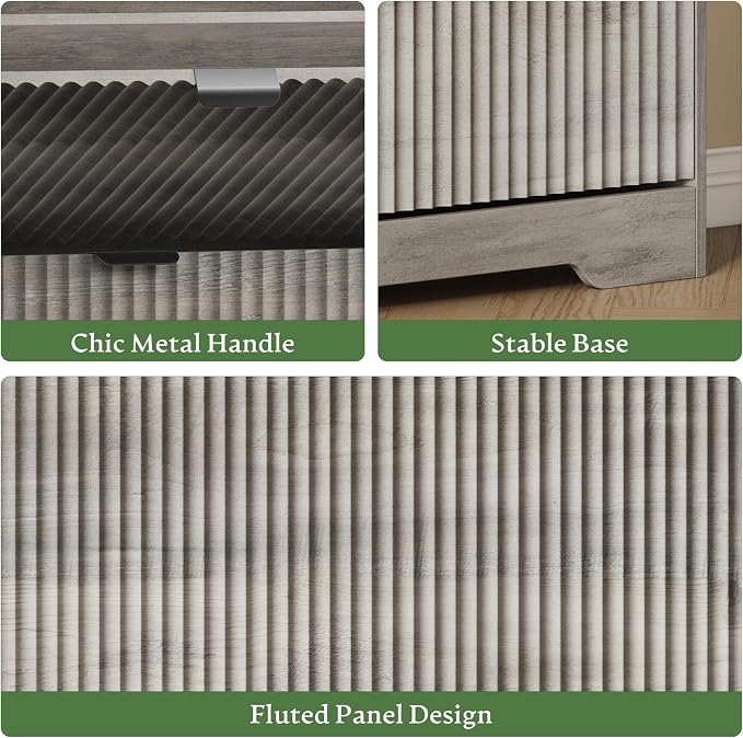 Xixini Shoe Storage Cabinet for Entryway with 4 Flip Drawers, Hidden Slim Wood Shoe Organizer with Modern Fluted Panel, Freestanding Narrow Shoe Rack for Front Door Entrance, Hallway, Foyer, Grey