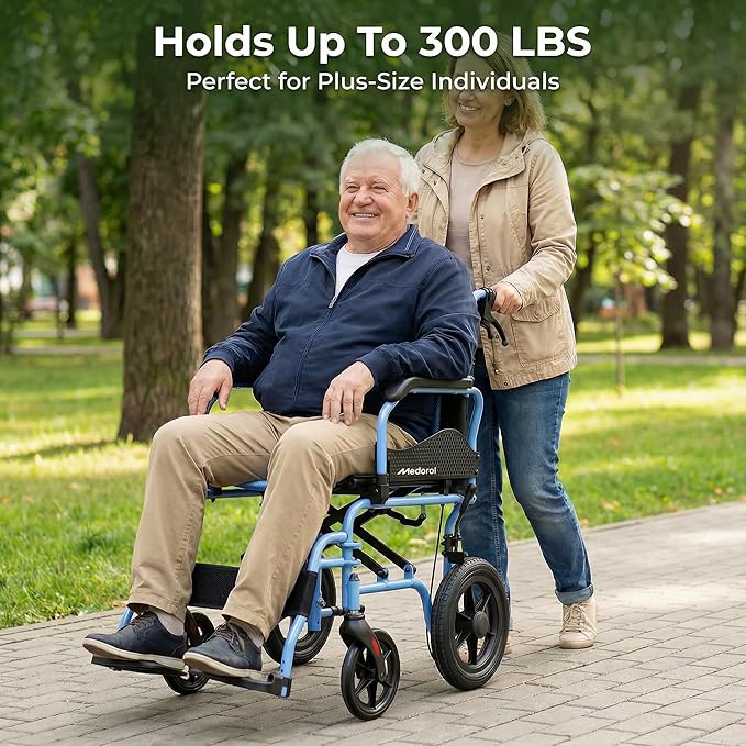 Lightweight Transport Wheelchair for Adults, Versatile Transport Wheel Chair, Supports 300 lbs, Self-Braking, Foldable & Portable, for Seniors, Elderly and Disabled