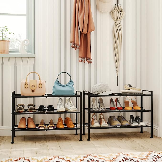 3-Tier Shoe Rack, 26.5" Wide Metal Organizer, Holds 9 Pairs | Storage Organizer for Closet and Entryway,Heavy-Duty Stand for Shoes, Books or Plants, Black