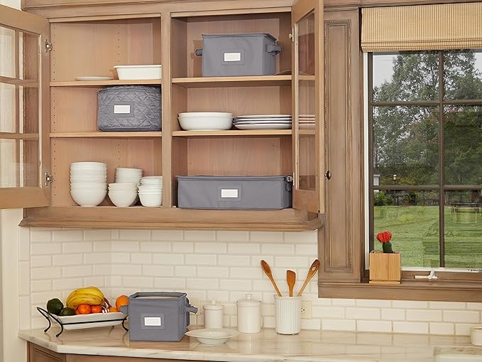 Covermates Cup and Mug Storage Box with Dividers, Stackable Organizer for Coffee Mugs & China Cups, Heavy-Duty Polyester with Handles, Zipper Closure & ID Window, Graphite