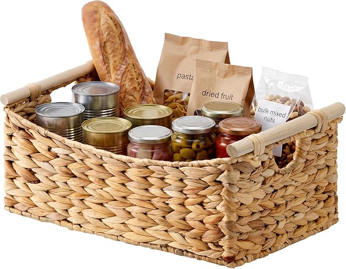 StorageWorks Large Wicker Baskets for Organizing, Water Hyacinth Storage Baskets with Handles, Woven Baskets for Pantry Storage, 16½" x 13" x 7½", 1-Pack