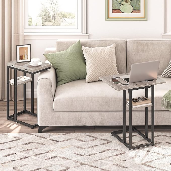 HOOBRO Foldable C Shaped End Table, C Shaped Side Table with Storage Shelf, Small Snack Table, Slide Under Couch Table for Sofa, Living Room Bedroom Small Spaces Easy Assembly, Greige BG29SF01