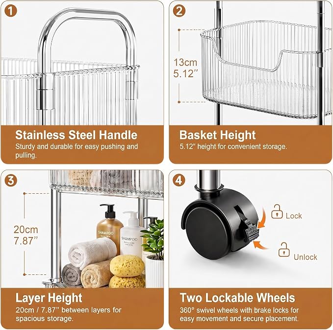 3 Tier Rolling Cart with Wheels, Clear Plastic Storage Cart with Stainless Steel Frame, Slim Narrow Organizer for Bathroom, Kitchen, Laundry Room, Vanity, Dorm, Easy Assembly