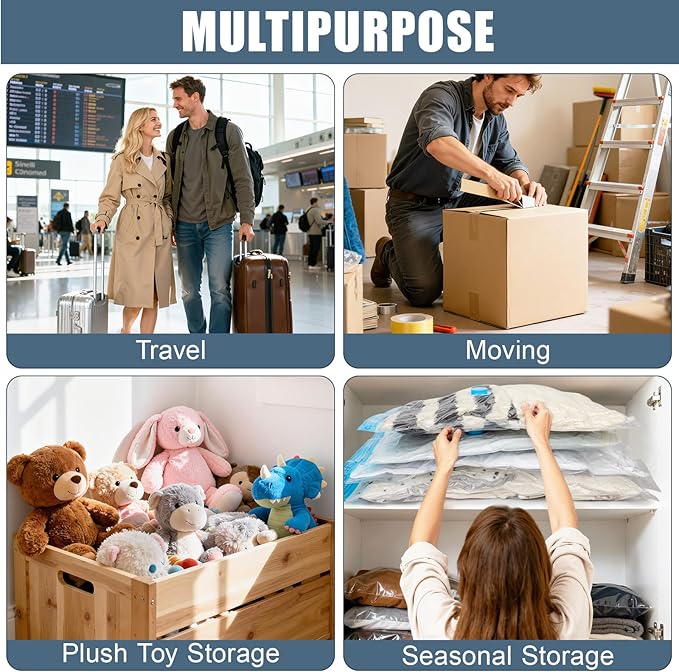 10 Jumbo Vacuum Storage Bags, Vacuum Seal Bags for Clothing Space Saver Compression Storage Bag with Hand Pump Extra Large for Clothing Travel Comforters Blankets Pillow Bedding Duvets Clothes