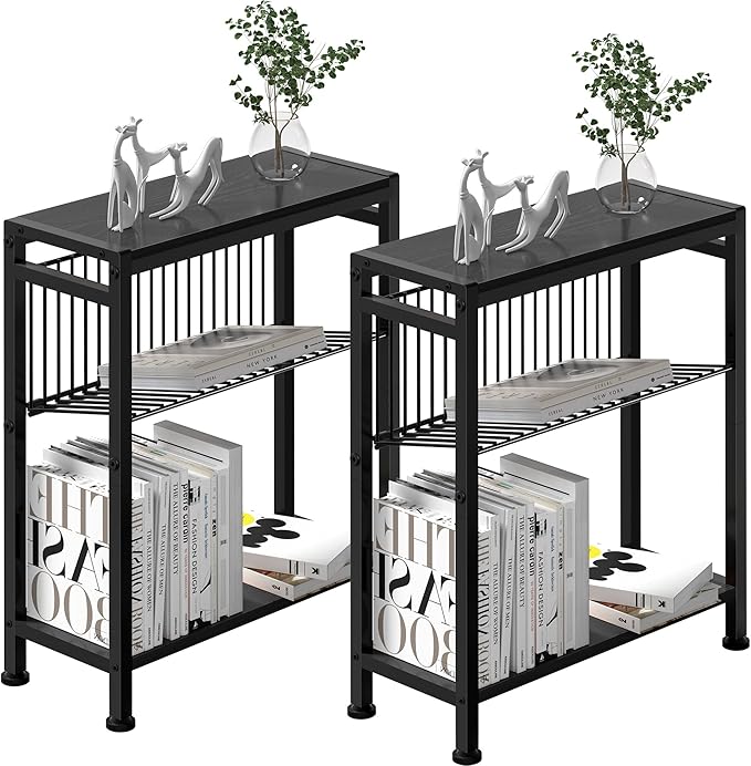 Side Table for Small Spaces, Set of 2 Narrow End Table with Magazine Holder, 2 in 1 Design Slim Side Table, Skinny Nightstand for Living Room Bedroom, Thin Side Magazine Table, Black
