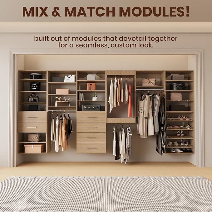 ROOMTEC Modular Closet System, 19.5" Shoe Shelf Closet Tower Wall-Mounted Closet Organizer, Wooden Tower for Walk-In Closets, Wardrobe Storage Kit, Wood