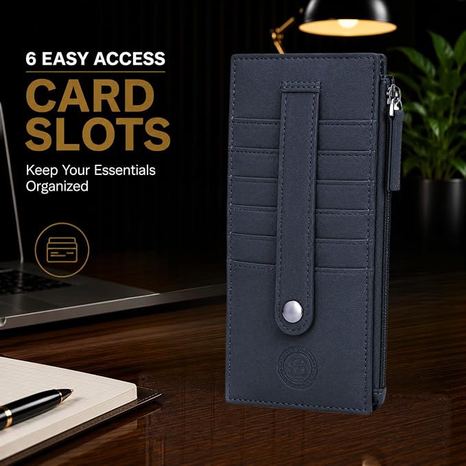 Leatherboss Leather All in One Card Case Holder Slim Wallet With Card Protection Strap, Blue