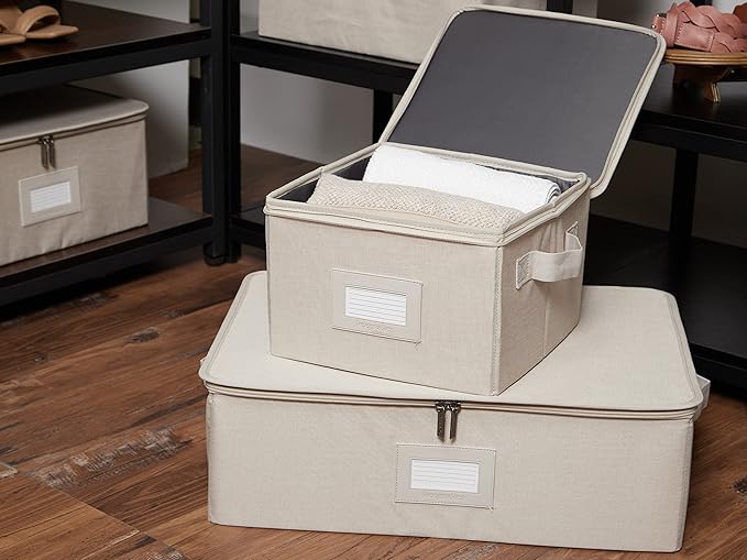 Covermates Keepsakes Zip-Top Storage Box Set, 3 Pack Heavy Duty Polyester Organizer Bins, Stackable Design, ID Window, Reinforced Handles, Closet Home Storage, Beige Heather