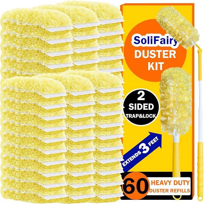 60 Heavy Duty Duster Refills for Swiffer Duster, Large, Yellow | 2 Side Extra Thick, 3 ft Handle & 1 Short Handle, Multisurface 360 Dusters kit for Dusting Furniture, Fans, Blinds, Corners