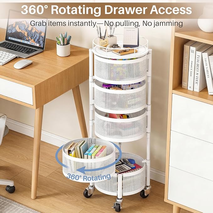 Rolling Drawer Storage Cart with 360° Rotating Open-Drawer Design, 5-Tier Metal Utility Cart with Round Storage Drawer for Kitchen, Bathroom, Laundry Room (White)