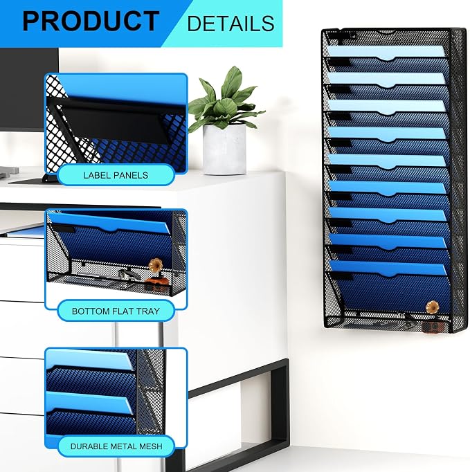 Hanging Wall File Organizer 10 Tier Wall Mounted File Holder Document Wall Organizer Magazine Organization for Office Home, Black