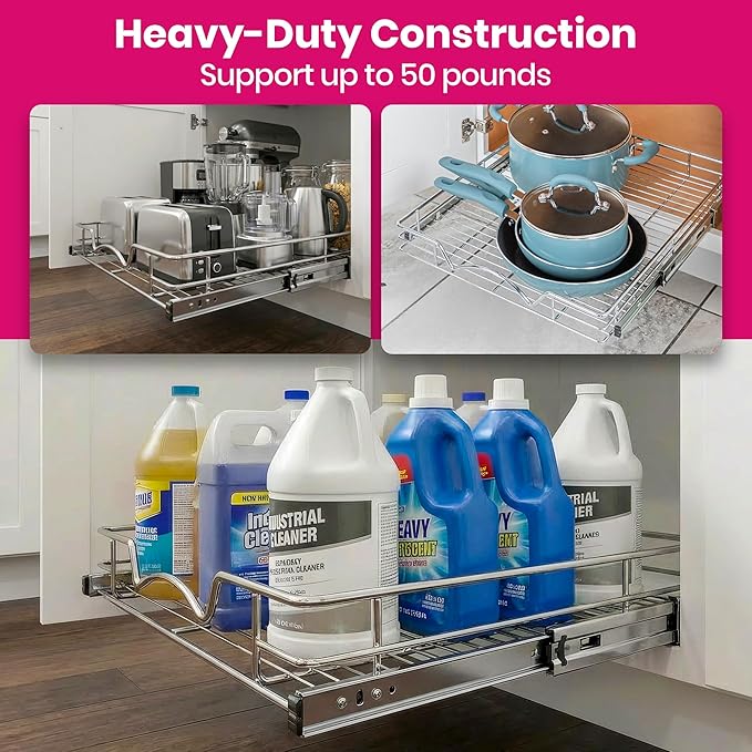 HOLDN’ STORAGE Pull Out Cabinet Organizer, Heavy Duty Caddy w/Lifetime Limited Warranty -11”W x 21”D - Requires At Least 12-1/4” Cabinet Opening, Steel Metal Cabinet Drawers Slide Out, Chrome