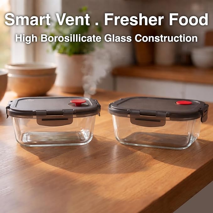 Borosilicate Glass Airtight Food Storage Containers with Vented Lids, Assorted Set of 6 (3 Rectangular & 3 Square)
