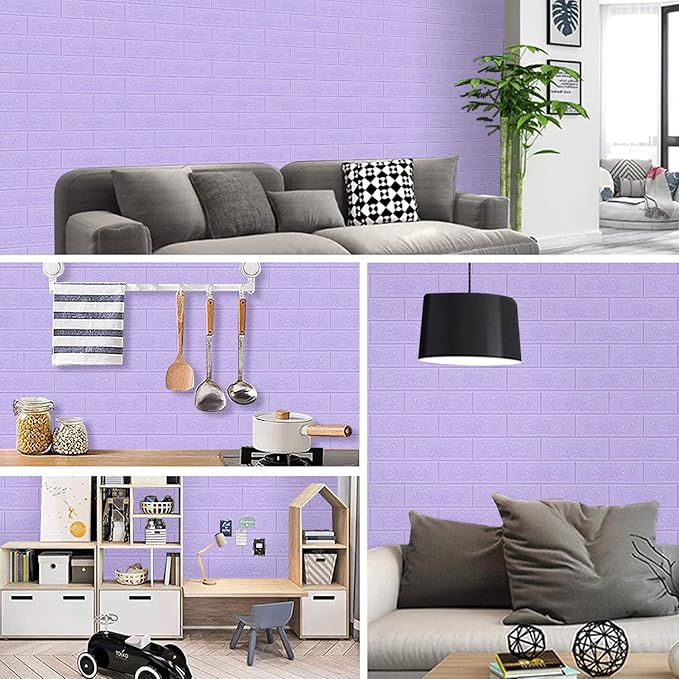 3D Wall Panels, 29 sq.feet Coverage, Printable Wallpaper Sticker with Self-Adhesive Waterproof Brick PE Foam Wall Panels Peel and Stick for Interior Wall Decor, Home Decoration 20 PCS Purple