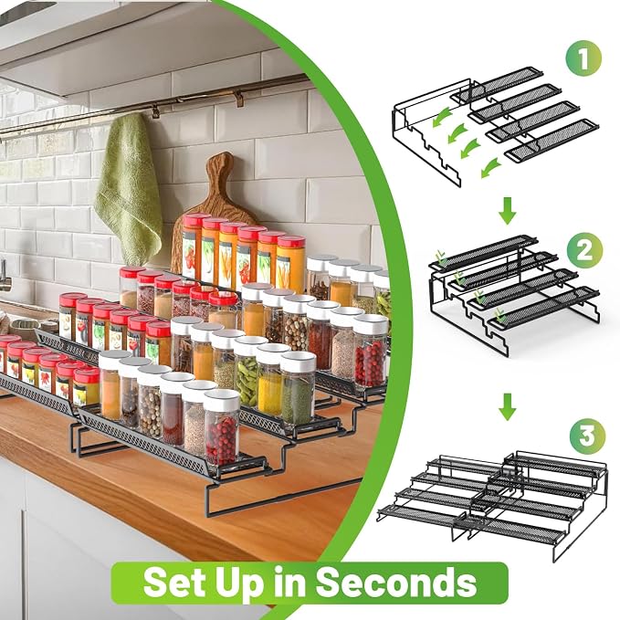 2 Pack Spice Rack Organizer for Cabinet, 4 Tier Black (S&L) Seasoning Organizer Rack for Inside Cabinets, Countertop, Pantry Storage