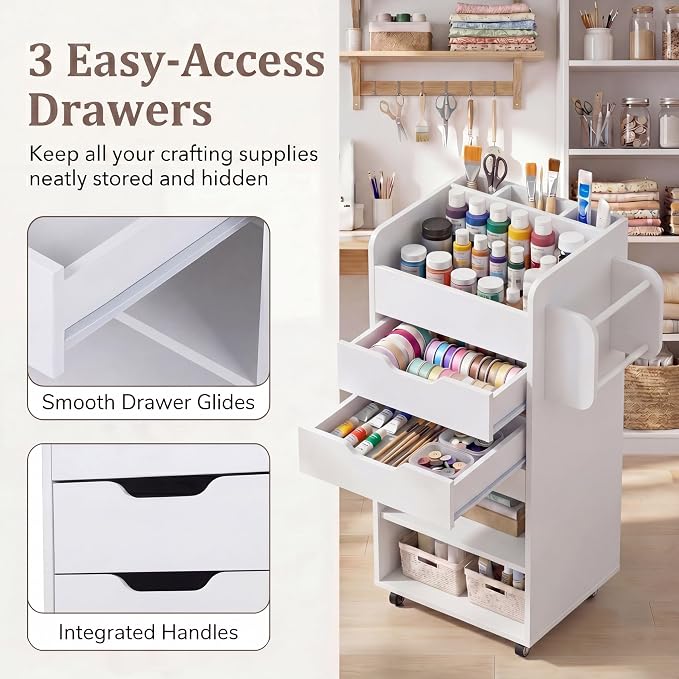 Tangkula Rolling Storage Cart, Wooden Drawer Cart with Drawers | Utility Storage Cart w/3 Shelves, Slots & Dowels, Mobile Organizer Cabinet on Wheels for Room Office Work Study