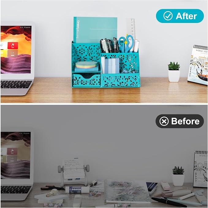 EasyPAG Desk Organizer and Pen Holder for Desk, Mesh Office Supplies Storage Caddy with Drawer for Small Space, Desktop Organizer for Home Office, Dark Teal