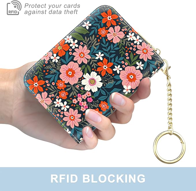 Aiawoxc Credit Card Holder, Small RFID Wallet Slim Leather Card Organizer Case with Zipper and Wristlet Strap, Cute Flowers