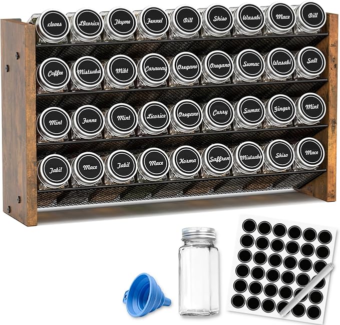 NESAPTO Spice Rack Organizer with 36 Glass Spice Jars, Wood 4-Tier Seasoning Organizer with Labels for Cabinet, Pantry, Countertop or Wall Mount, Chalk Marker and Funnel Set, 17.2" W × 9.4" H