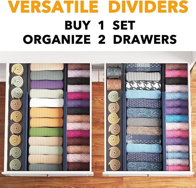 SpaceAid Bamboo 4 Pack Dresser Drawer Dividers, 4.65“ High Adjustable 17“-22” Drawer Organizers, Expandable Organization for Clothing, Clothes, Dressers, Navy Blue