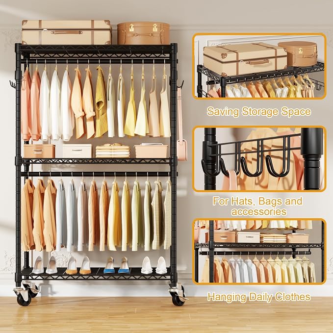 ULIFHOME P1 Rolling Clothes Rack, Portable Wardrobe Closet with Wheels, Heavy-Duty Closet Clothing Rack for Hanging Clothes, 35.5" W x 15.7" D x 80.5" H, Hold 500lbs, Black