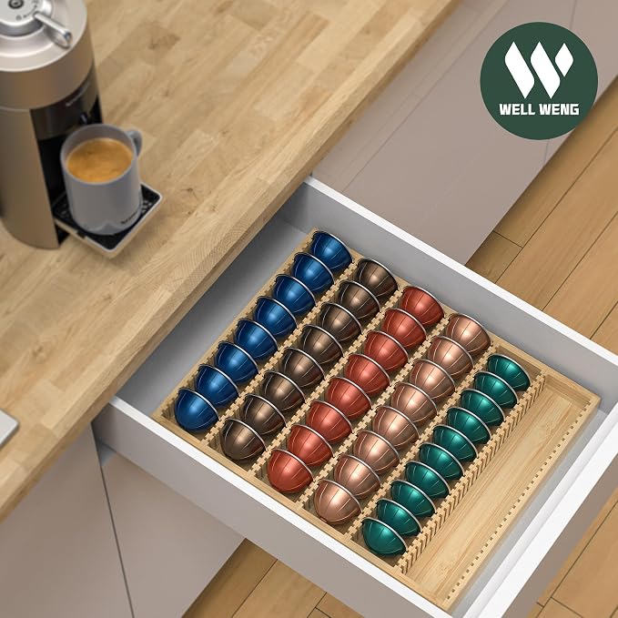 for Nespresso Vertuo Capsules Bamboo Coffee Pod Drawer Organizer | 14.84" Wx11.81" Dx1.54" H 48 Big or 60 Small Pods Holder for Counter