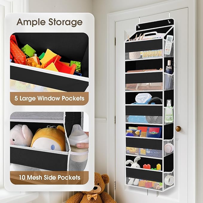 SpaceHacks 1 Pack Over The Door Organizer, Hanging Storage Organizer with Clear Window, 40lb Ultra Sturdy Large Capacity Room Organizer for Pantry Laundry Bathroom Nursery Closet (Black)