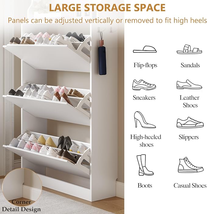 Wodeer Tall Shoe Cabinet with Coat Rack, Hidden Shoe Storage Cabinet with Doors & Drawer, Hanging Bar & Hooks, Slim Narrow Freestanding Shoe Rack Organizer for Entryway, Hallway & Living Room, White