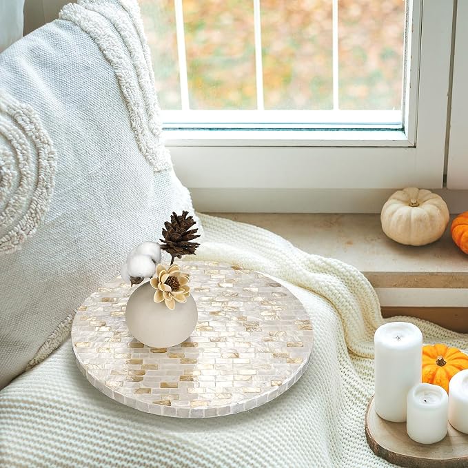 Reallnaive Mother of Pearl Lazy Susan for Table Turntable Organizer Marble Patterned Lazy Susan Wood Spinning Tray Rotating for Kitchen Cabinet Spice Pantry 12 Inch(Round,Marble)