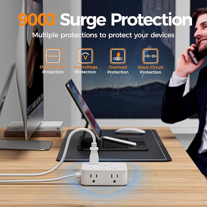 TESSAN Surge Protector Power Strip, 5 Ft Flat Plug Extension Cord with 3 USB (1 USB C) 8 Outlets, 900J Protection, 3 Sided Outlet Extender with Power Switch for Office, Dorm Room, White
