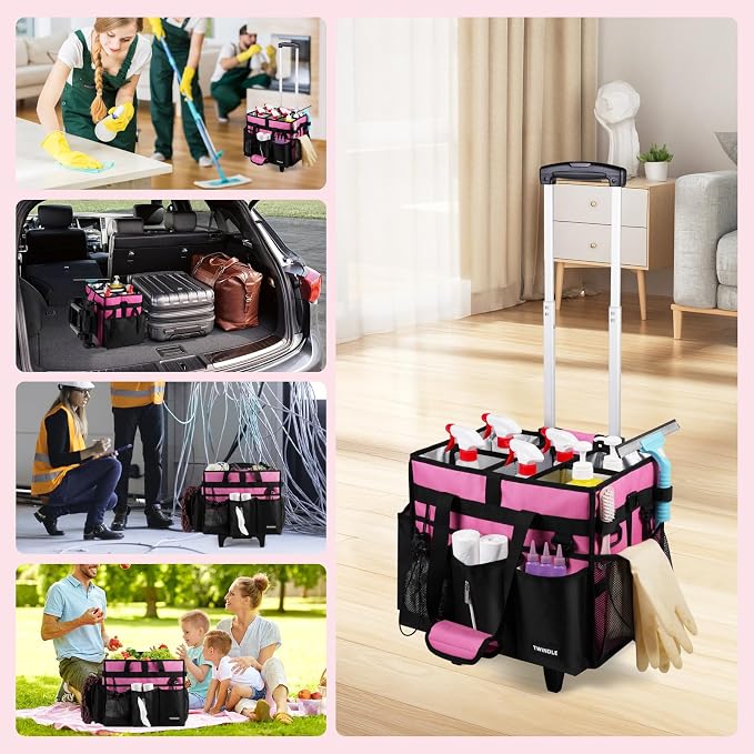 Cleaning Caddy with Wheels, Rolling Cleaning Supplies Organizer with Bottom Board, Dividers & Shoulder Strap, Portable Utility Tote with Small Trolley, Rose Pink