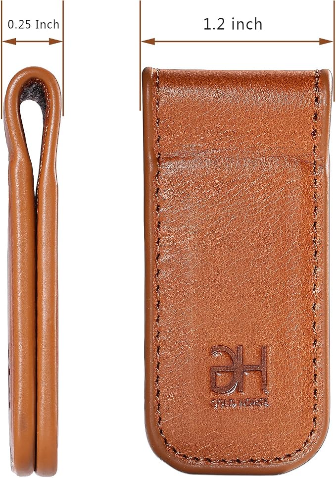 GH GOLD HORSE Slim Magnetic Money Clip Genuine Leather Business Card Holder for Men (Brown)
