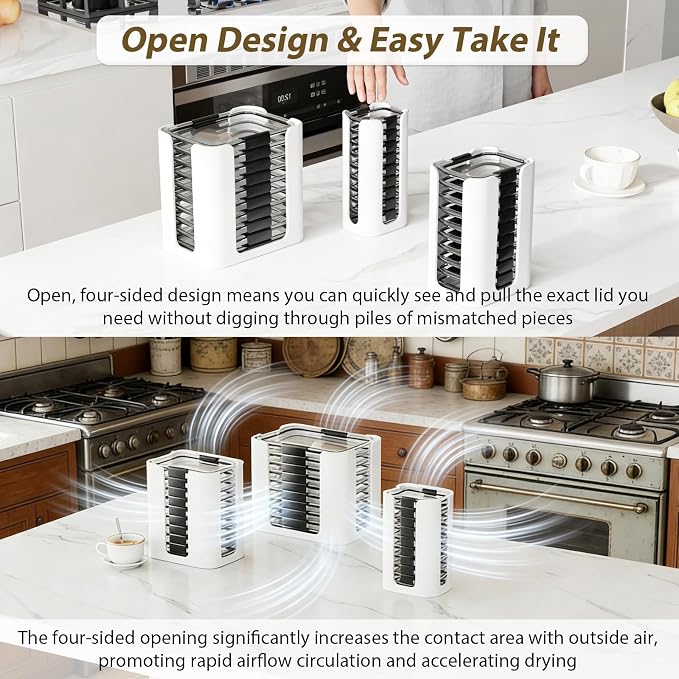 Lid Organizer for Rubbermaid Brilliance Nap-on Lids for 4.7/3.2/1.3/0.5 Cup | 3 Pcs, Containers (Holds 30 Lids), White