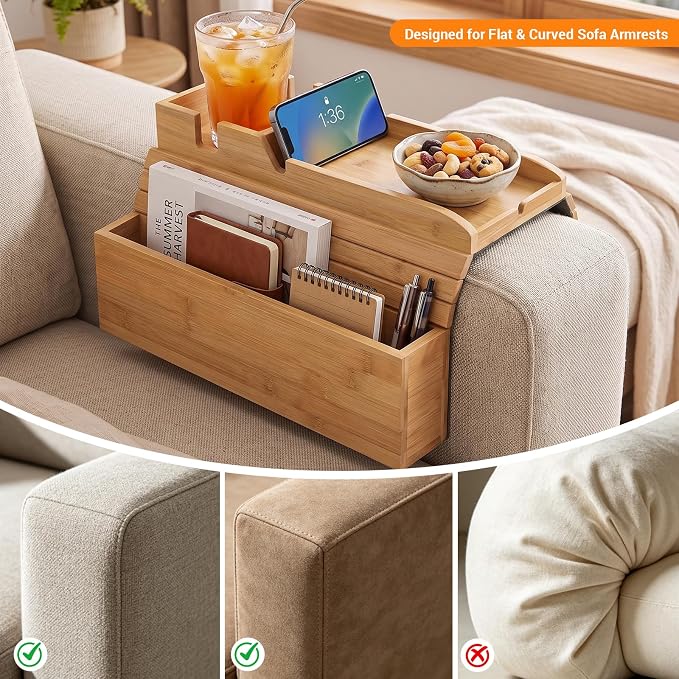 Bamboo Couch Armrest Tray with Storage Caddy for Drinks TV Remote Snacks | Non Slip Couch Arm Rest Table with Cup Holder, Adjustable Width Sofa Arm Tray