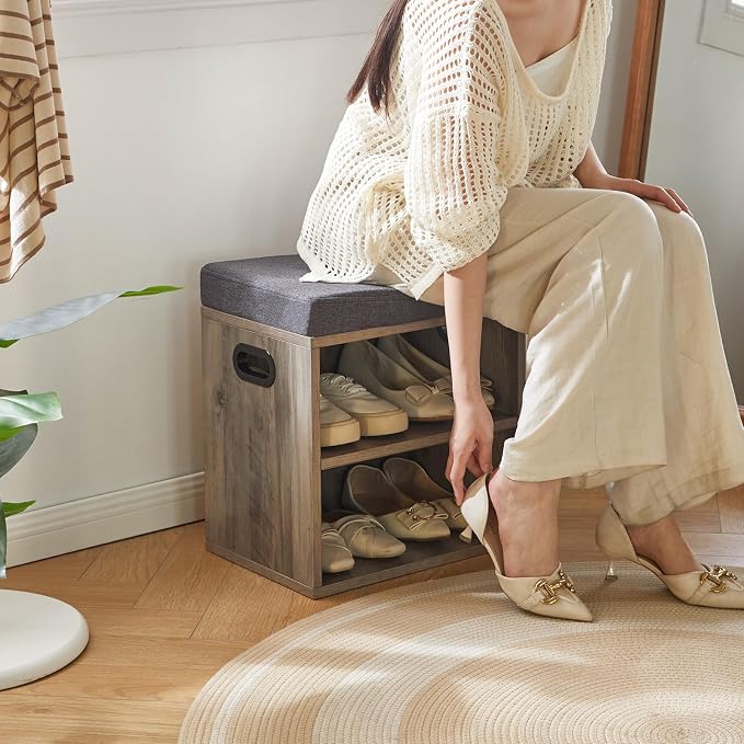 YMYNY Small Shoe Storage Bench with Cushion, Silver Gray, HBD028Y | 2 Tier Entryway Bench with Storage, Small Shoe Rack Bench with Adjustable Shelf for Entryway 11 x 15.3 x 16.5 Inches