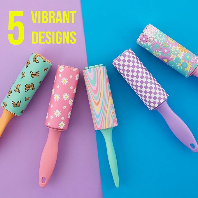5pc Retro Mini Lint Roller Value Pack - Colorful Compact Rollers for Travel | Pet Hair & Lint Remover for Clothing & Household Use. Portable On-the-Go Lint Removers